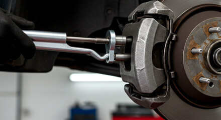 Fototapeta premium Compressing Brake Caliper Piston with Tool During Pad Replacement