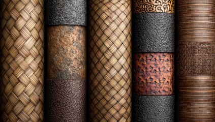 Close-up of four cylindrical samples showcasing various woven and patterned textures in warm brown and gray tones
