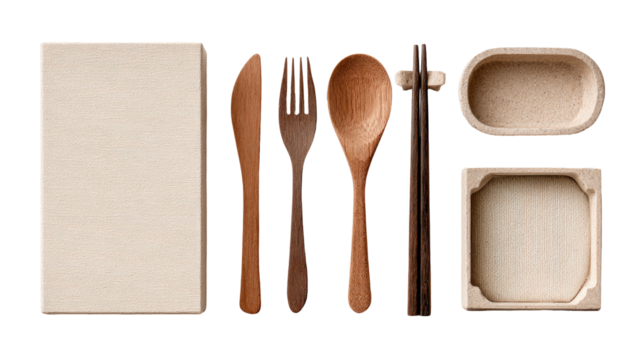 Natural-toned wooden cutlery and containers for a reusable picnic