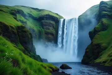 Naklejka premium Serene cascading waterfall tumbling down lush green hills, creating a misty, ethereal atmosphere Perfect for travel, nature, and environmental themes , rocks, view