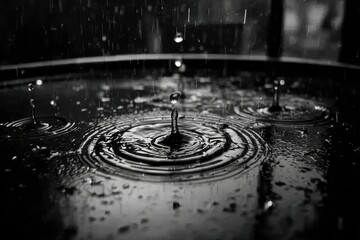 Raindrops create ripples on dark surface