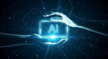 Human hands gently hold glowing ai symbol in futuristic digital network environment