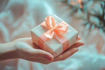 hand reaching toward a small gift box with ribbon, product focus, soft natural lighting
