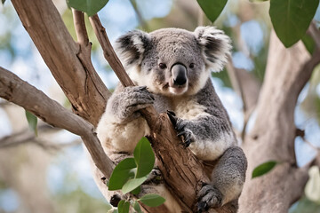 Koala gripping a eucalyptus tree trunk with sharp claws, looking directly at the camera, detailed fur and natural daylight in an Australian forest wildlife scene
