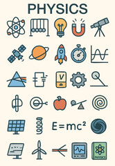 Fototapeta premium Physics Icon Set – Flat Science Symbols and Physics Concepts