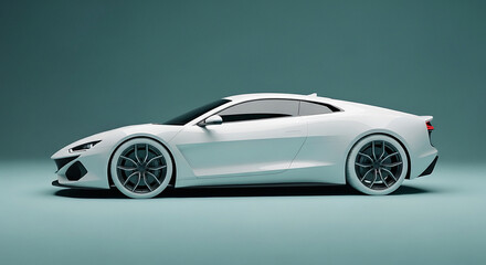 Sleek white sports car with intricate wheel design parked on a minimalist teal background showcasing its aerodynamic profile and modern automotive styling