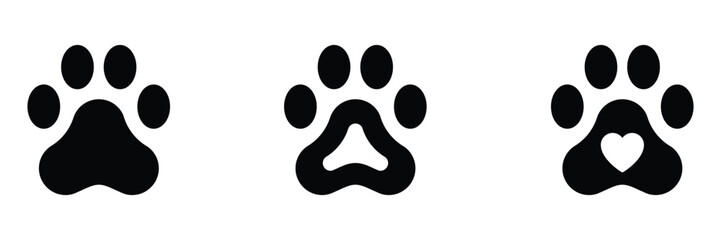 Paw print silhouette icons. Animal Paw Print, paw, footprint, pet, animal, track, print, symbol, dog, cat, wildlife, mark, trail, nature, mammal, paws, silhouette, icon. Vector illustration.