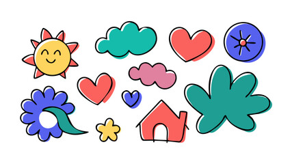 Cheerful doodle elements clouds hearts