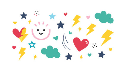 Cheerful doodle elements with hearts and stars lightning bolts