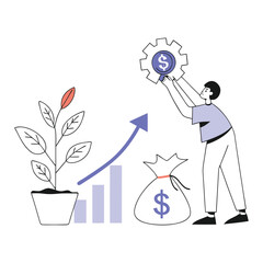 Naklejka premium Startup success concept person achieving growth and financial reward with rising plant and money bag