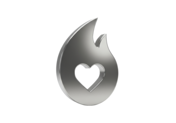 Isolated shiny metallic design of a flame with heart for a modern dating app, or a logo