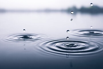 Water droplets impacting a calm surface, creating ripples