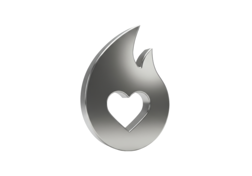 Isolated shiny metallic design of a flame with heart for a modern dating app, or a logo