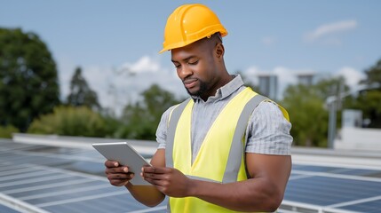 African American man wearing a yellow hard hat and reflective vest is using a tablet while standing on a rooftop with solar panels, showcasing renewable energy technology