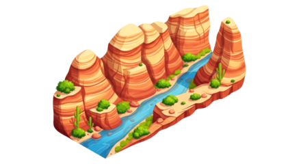 arizona canyon river isometric view of a serene desert oasis, vivid cliffs, turquoise water, isolated on transparent background
