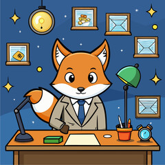 Cute fox detective sitting at a desk