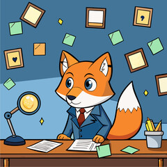 Cute fox detective sitting at a desk