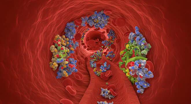 A detailed 3D illustration shows protein and red blood cells moving through a blood vessel. Concept for biology, medicine, and disease research.