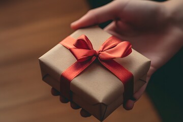 hand reaching toward a small gift box with ribbon, product focus, soft natural lighting
