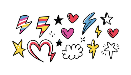 Colorful hand drawn lightning bolts and hearts star