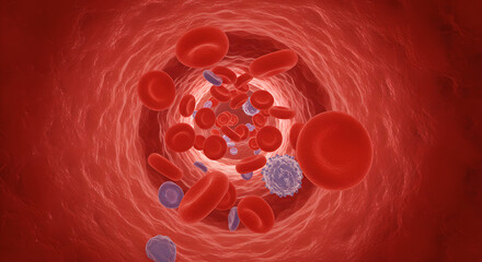 Red blood cell flowing in human artery or vein. Concept of health, medicine, biology. 3D render macro view of blood stream.