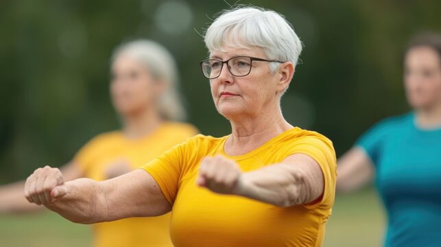 A group of diverse mature adults participating in a fitness class in a lush community park setting  They are engaged in various exercises and stretches promoting an active and healthy lifestyle