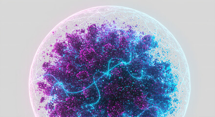 Abstract digital network with data points and glowing lines inside a spherical sphere, symbolizing global connectivity and technology.