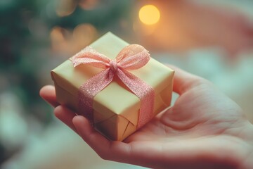 hand reaching toward a small gift box with ribbon, product focus, soft natural lighting
