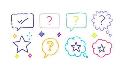 Colorful speech bubbles and stars question marks checkmark