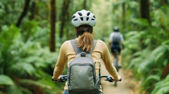 Young woman cyclist riding bicycle on a scenic wooded trail exploring the lush green forest environment during an outdoor adventure and recreational journey