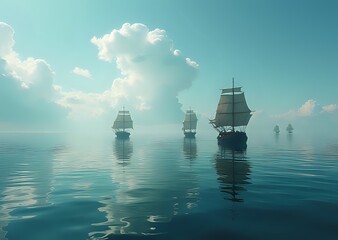 Obraz premium Three Sailing Ships on a Calm Ocean