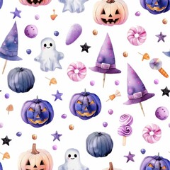 Watercolor halloween seamless pattern featuring pumpkins bats and ghosts in dark background