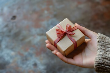 hand reaching toward a small gift box with ribbon, product focus, soft natural lighting

