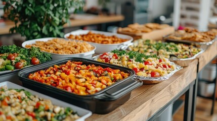 Obraz premium Warm and Inviting Spread of Homemade Dishes at a Community Potluck Dinner Showcasing the Culinary Diversity of the Neighborhood