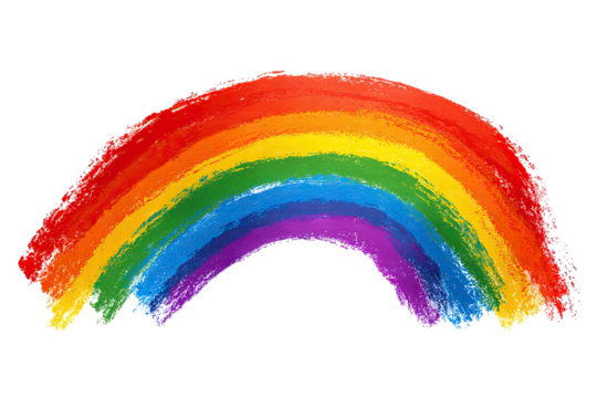 A vibrant, hand-painted rainbow arc against a black background.  Brushstrokes create a textured effect - Powered by Adobe