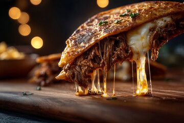 Indulgent bite into a cheesy birria taco at a cozy street food market