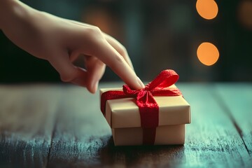 hand reaching toward a small gift box with ribbon, product focus, soft natural lighting
