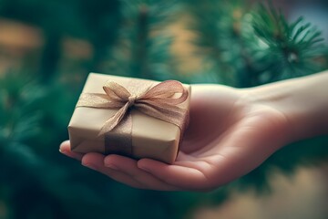 hand reaching toward a small gift box with ribbon, product focus, soft natural lighting
