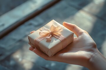 hand reaching toward a small gift box with ribbon, product focus, soft natural lighting
