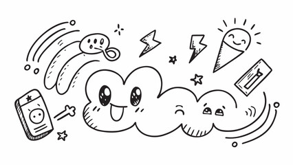 Cute doodle characters with weather elements cloud