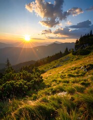 Obraz premium A breathtaking mountain vista bathed in the golden hues of a setting sun, showcasing a grassy hillside sloping gently towards a range of misty mountains, with a vibrant sky filled with fluffy clouds.