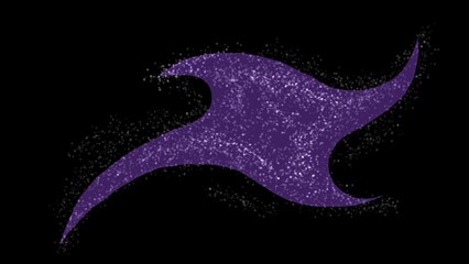 Abstract waves form a purple shuriken shape with edge noise, combining fluid motion and sharp distortion in digital style.