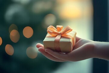 hand reaching toward a small gift box with ribbon, product focus, soft natural lighting

