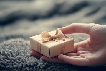 hand reaching toward a small gift box with ribbon, product focus, soft natural lighting
