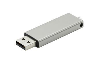 Isolated silver metal USB flash drive for data storage and memory transfer, no background