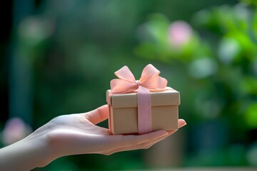 hand reaching toward a small gift box with ribbon, product focus, soft natural lighting
