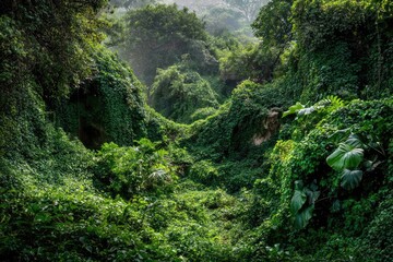 Lush, overgrown valley shrouded in dense vegetation