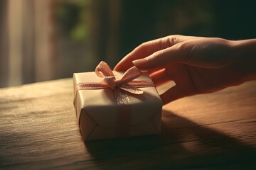 hand reaching toward a small gift box with ribbon, product focus, soft natural lighting
