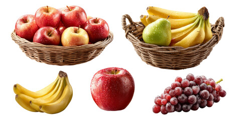 Fresh and Juicy Fruits in Baskets on Isolated Transparent Background