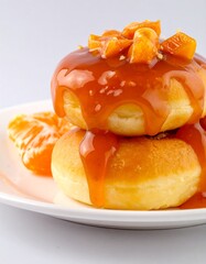 Stacked doughnuts topped with caramel and orange